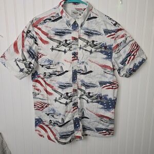 American Legend Bass Pro Patriotic Flag &‎ Planes S/S Button Shirt Mens Large